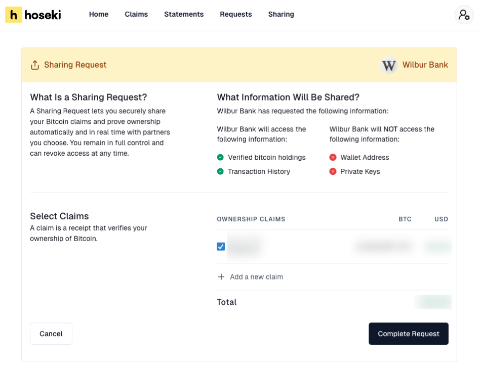 Sharing request screen