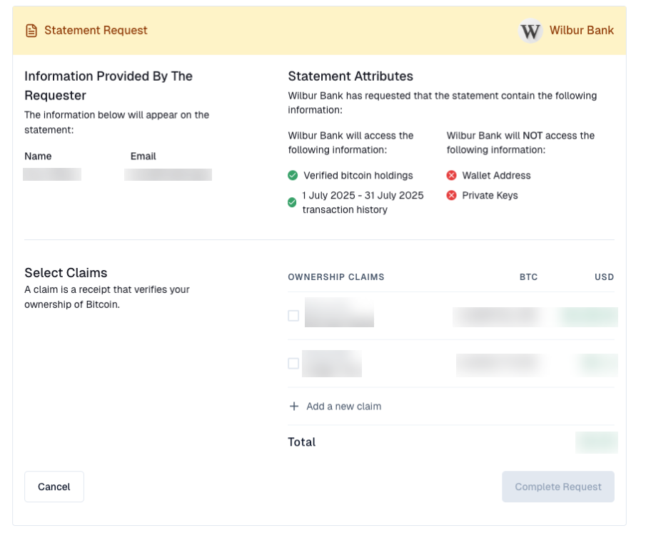 Statement request details screen